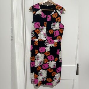 J Crew size 10 sleeveless dress in navy with pink, orange, cream print